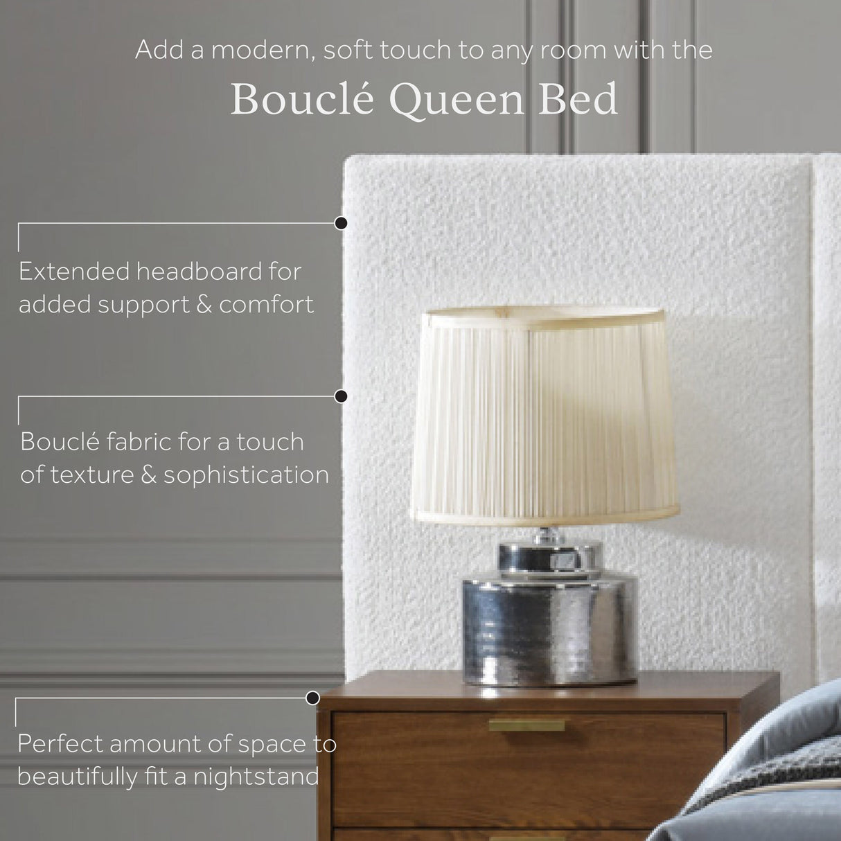 Kendall Boucle Extended Headboard Upholstered, Queen Platform Bed