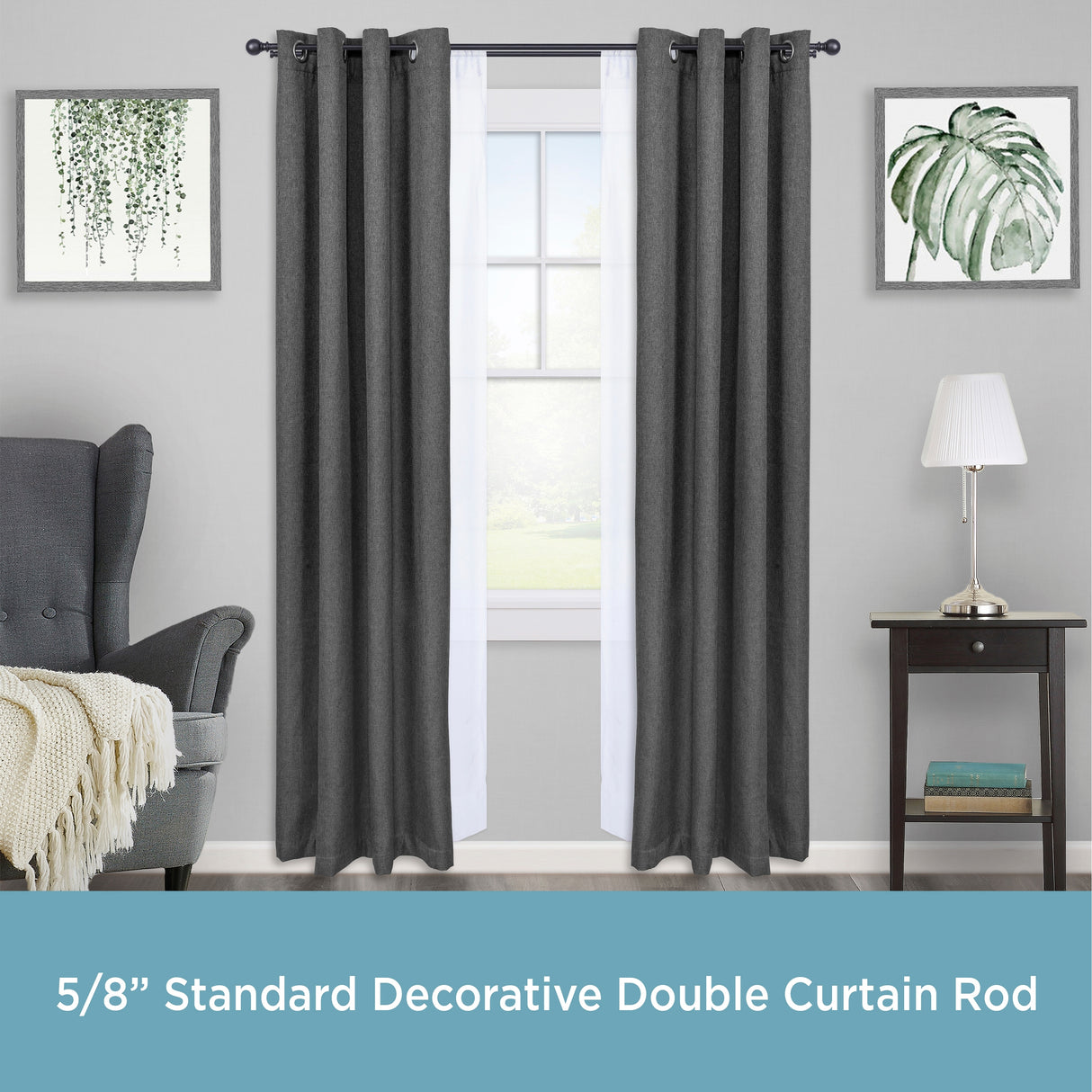 Kenney® Wakefield 5/8" Standard Decorative Window Double Curtain Rod, 36-66", Black