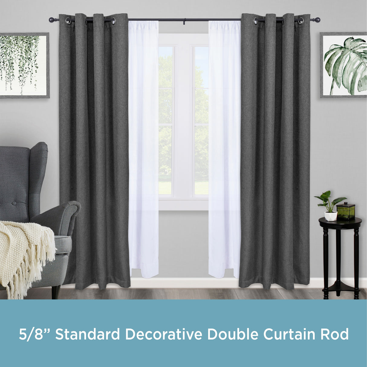 Kenney® Wakefield 5/8" Standard Decorative Window Double Curtain Rod, 36-66", Black
