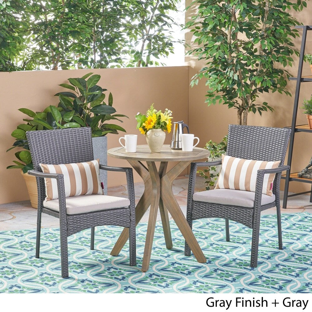Kent Outdoor 3 Piece Acacia Wood and Wicker Bistro Set by Christopher Knight Home - N/A