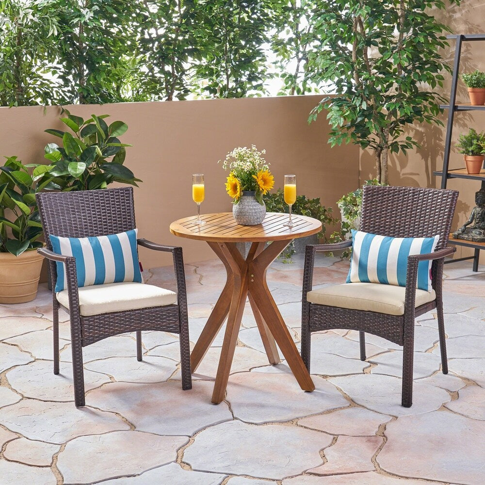 Kent Outdoor 3 Piece Acacia Wood and Wicker Bistro Set by Christopher Knight Home - N/A