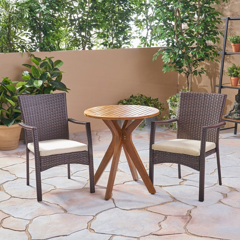 Kent Outdoor 3 Piece Acacia Wood and Wicker Bistro Set by Christopher Knight Home - N/A