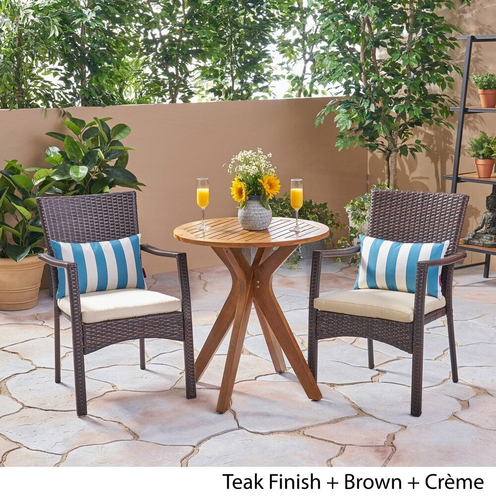 Kent Outdoor 3 Piece Acacia Wood and Wicker Bistro Set by Christopher Knight Home - N/A