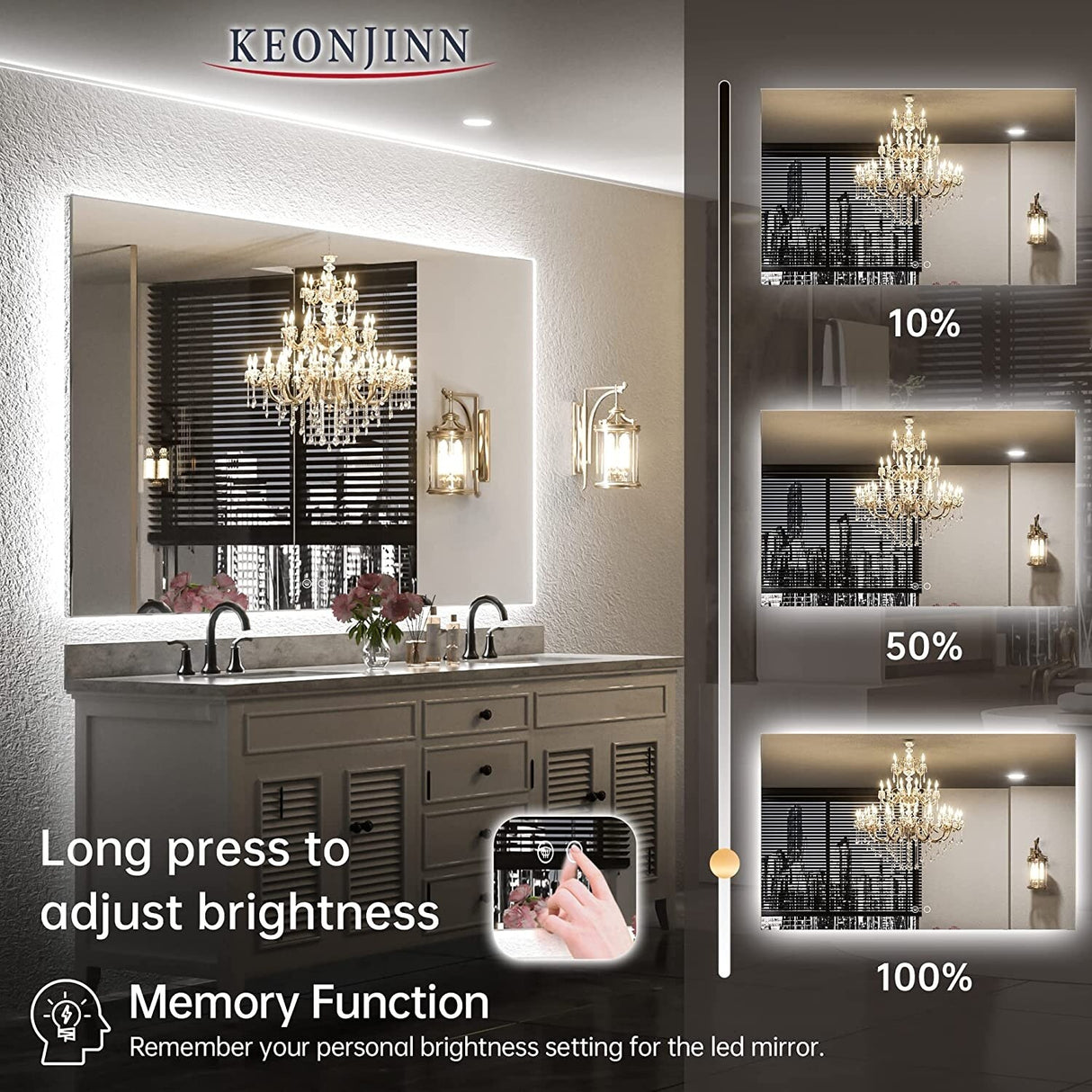 Keonjinn LED Backlit Bathroom Vanity Mirror Anti-Fog Dimmable Lighted CRI90 High Definition(Horizontally/Vertically)