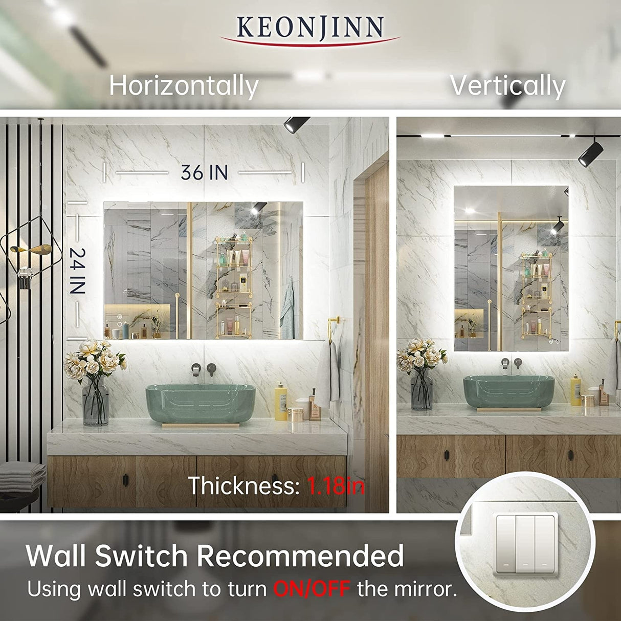 Keonjinn LED Backlit Bathroom Vanity Mirror Anti-Fog Dimmable Lighted CRI90 High Definition(Horizontally/Vertically)