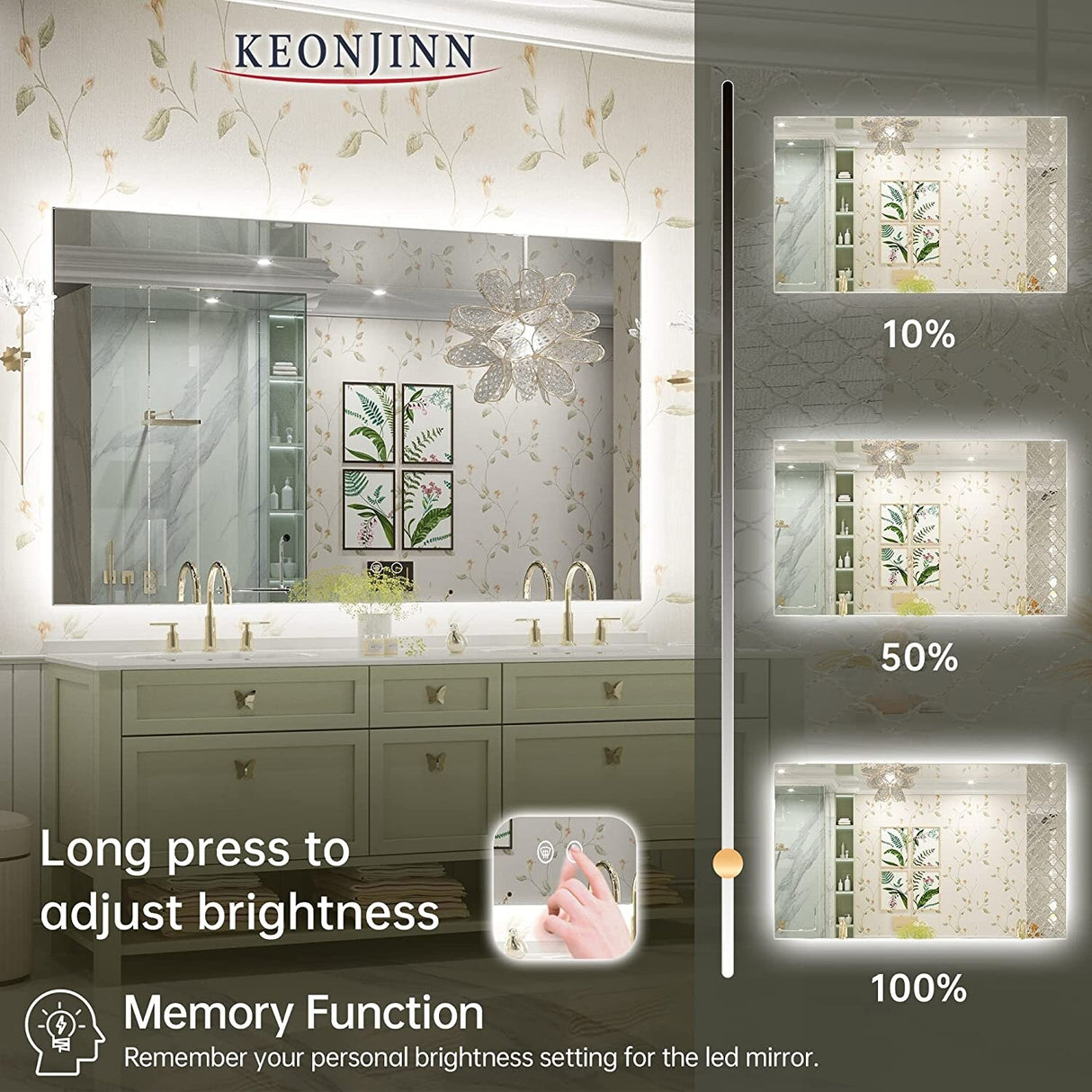 Keonjinn LED Backlit Bathroom Vanity Mirror Anti-Fog Dimmable Lighted CRI90 High Definition(Horizontally/Vertically)