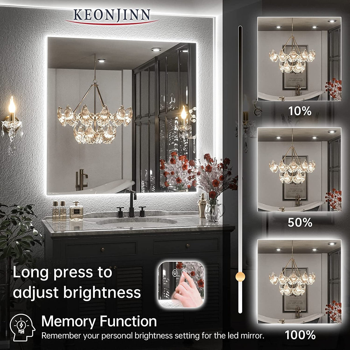 Keonjinn LED Backlit Bathroom Vanity Mirror Anti-Fog Dimmable Lighted CRI90 High Definition(Horizontally/Vertically)