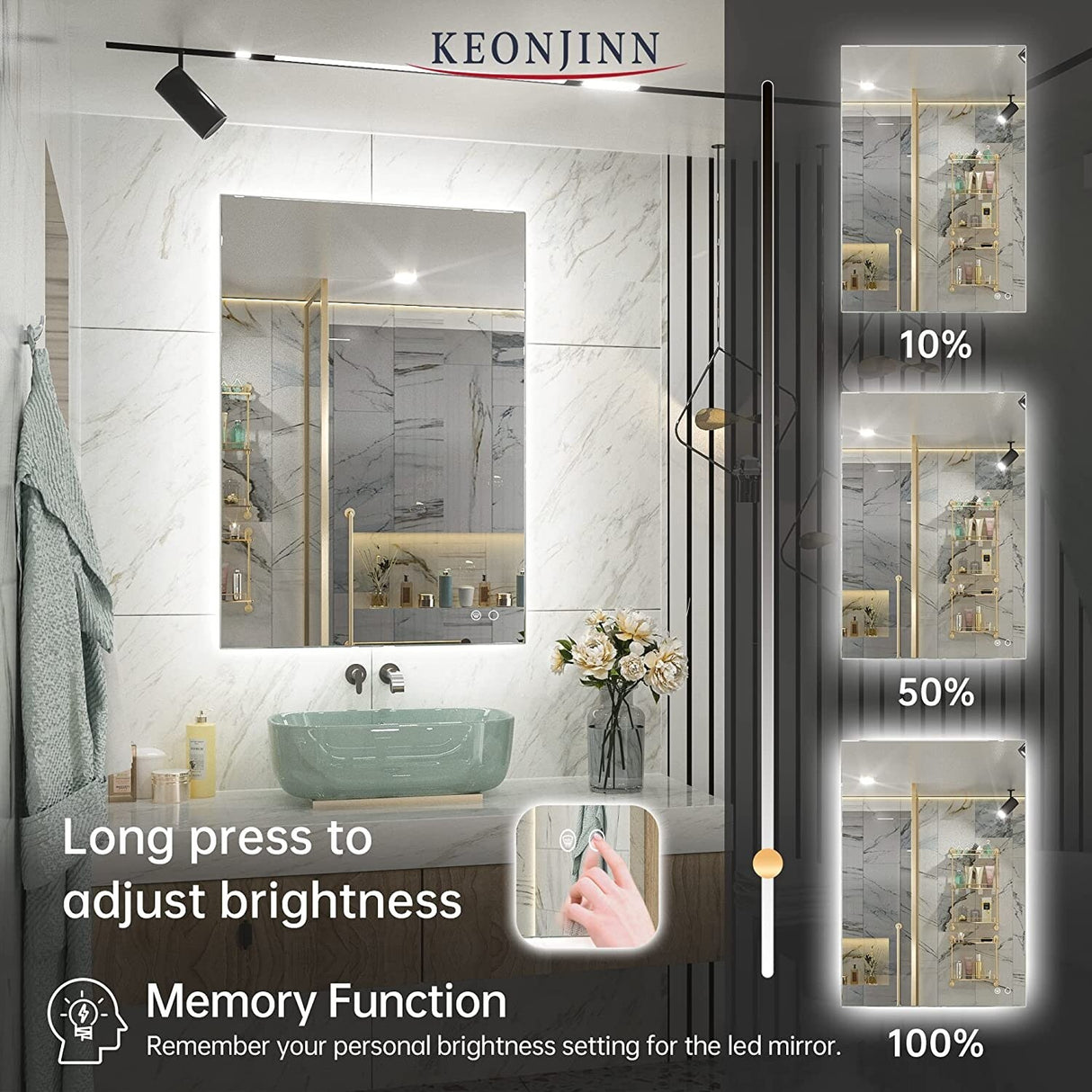 Keonjinn LED Backlit Bathroom Vanity Mirror Anti-Fog Dimmable Lighted CRI90 High Definition(Horizontally/Vertically)