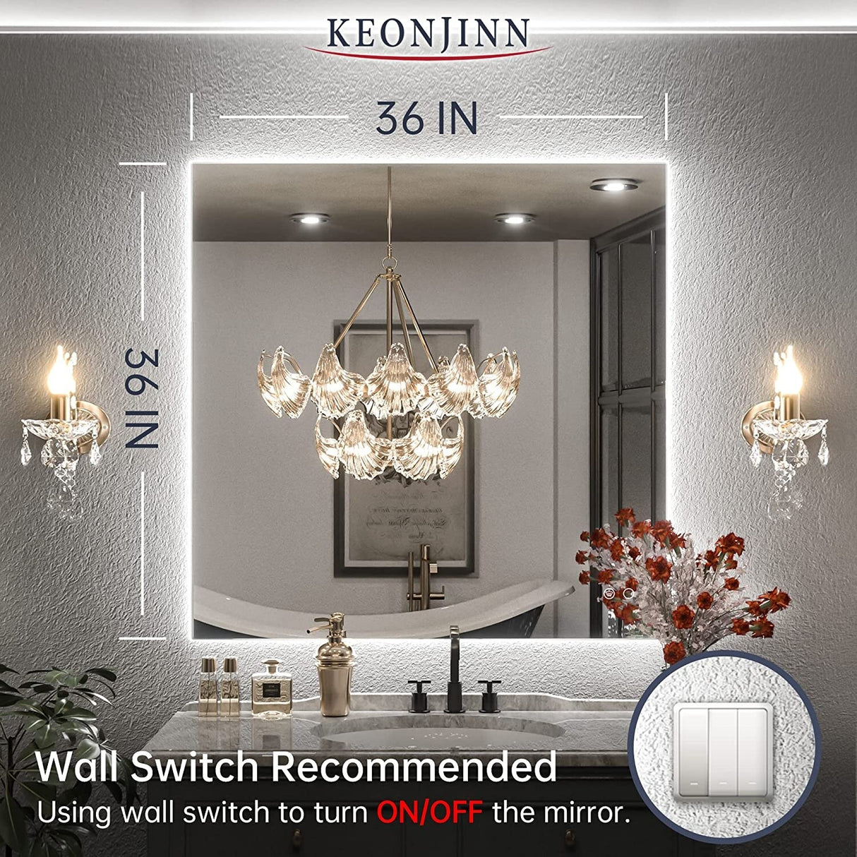 Keonjinn LED Backlit Bathroom Vanity Mirror Anti-Fog Dimmable Lighted CRI90 High Definition(Horizontally/Vertically)