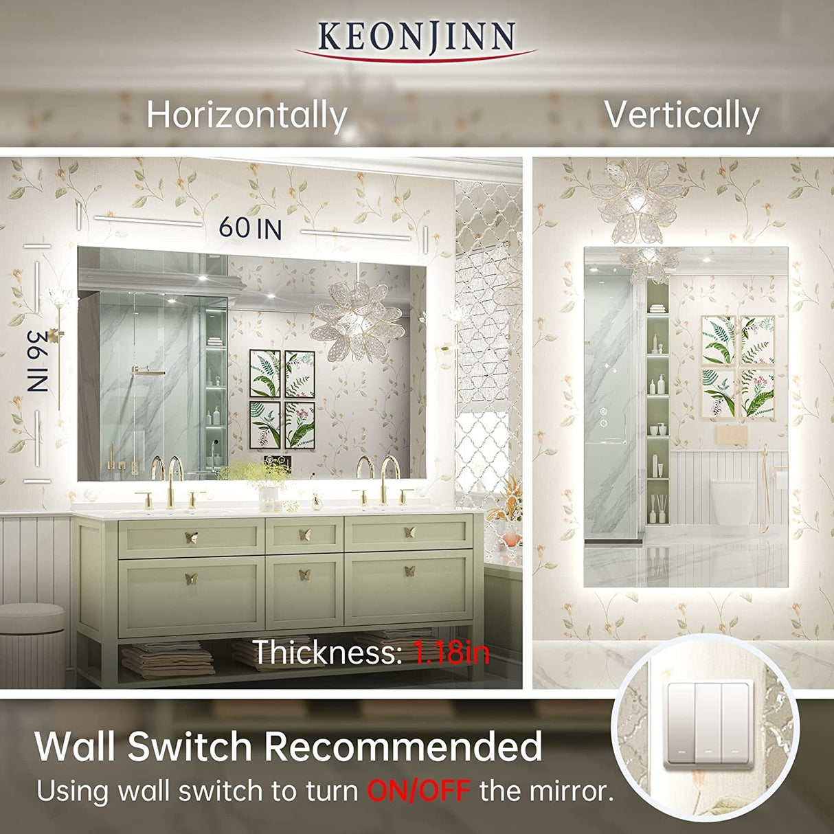 Keonjinn LED Backlit Bathroom Vanity Mirror Anti-Fog Dimmable Lighted CRI90 High Definition(Horizontally/Vertically)