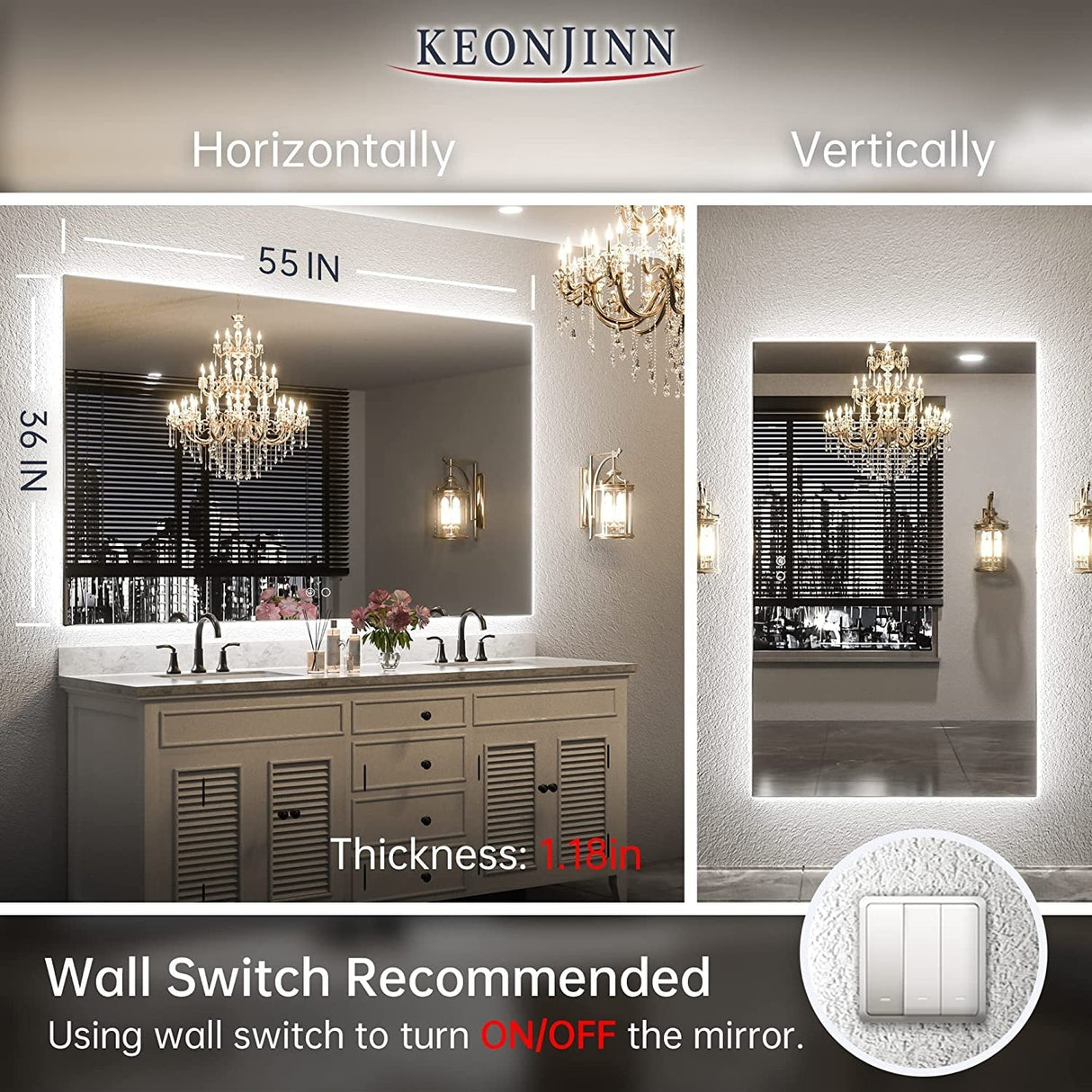 Keonjinn LED Backlit Bathroom Vanity Mirror Anti-Fog Dimmable Lighted CRI90 High Definition(Horizontally/Vertically)