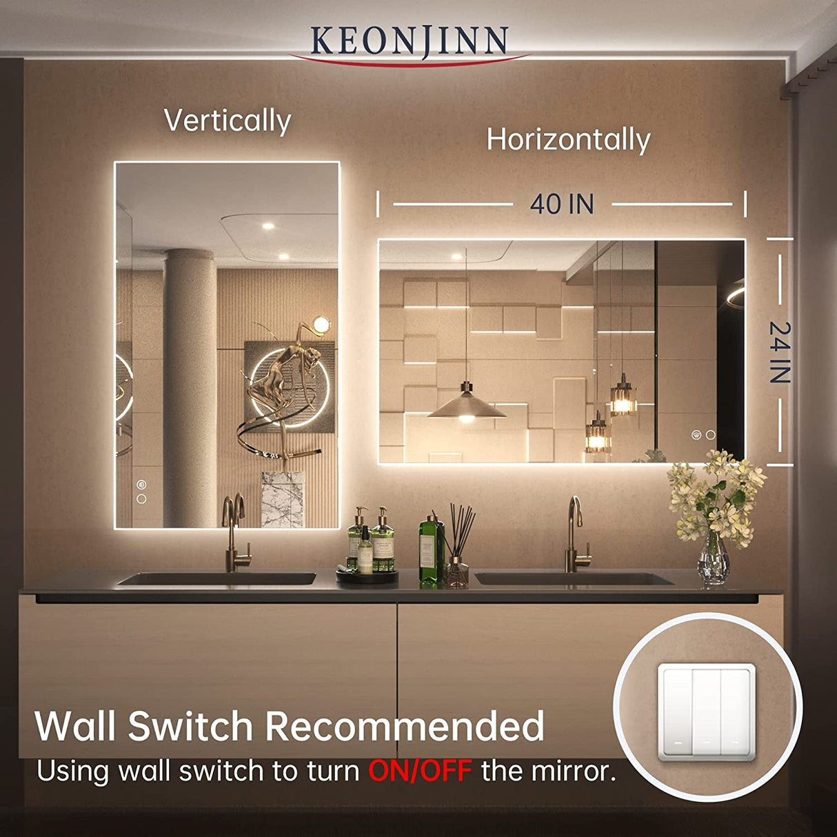 Keonjinn LED Backlit Bathroom Vanity Mirror Anti-Fog Dimmable Lighted CRI90 High Definition(Horizontally/Vertically)