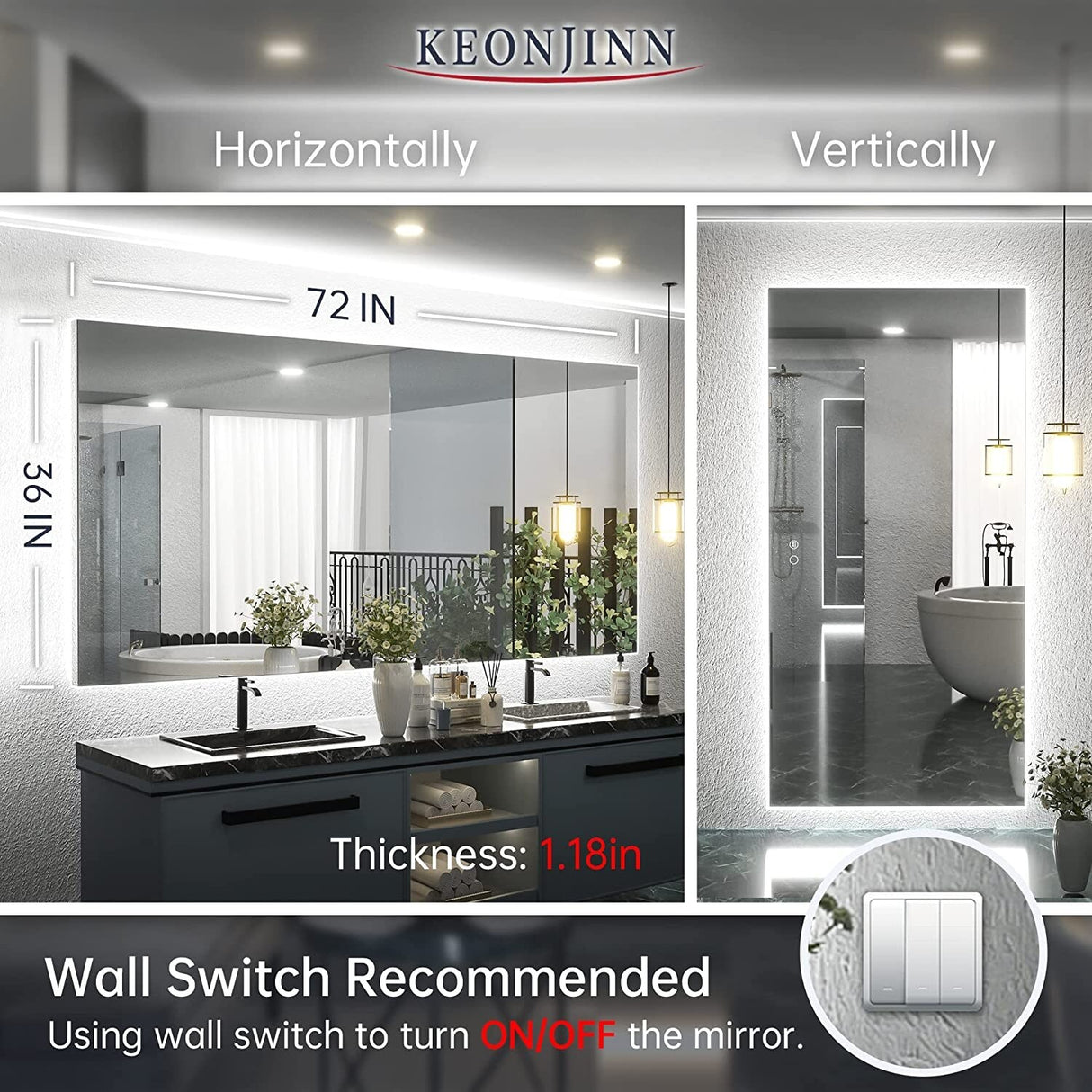 Keonjinn LED Backlit Bathroom Vanity Mirror Anti-Fog Dimmable Lighted CRI90 High Definition(Horizontally/Vertically)