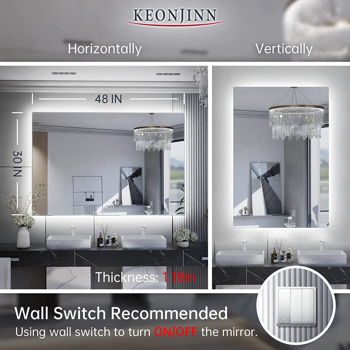 Keonjinn LED Backlit Bathroom Vanity Mirror Anti-Fog Dimmable Lighted CRI90 High Definition(Horizontally/Vertically)