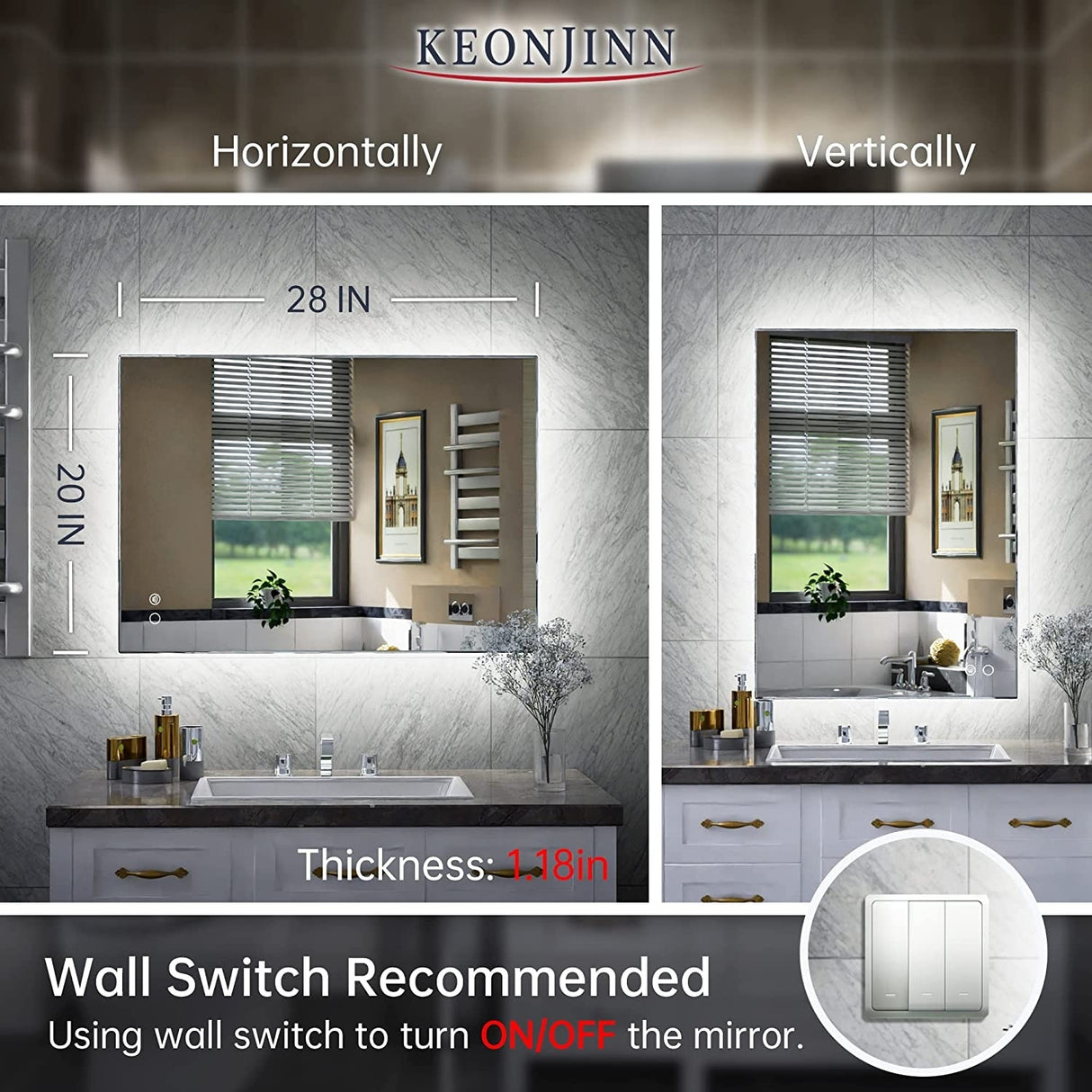 Keonjinn LED Backlit Bathroom Vanity Mirror Anti-Fog Dimmable Lighted CRI90 High Definition(Horizontally/Vertically)