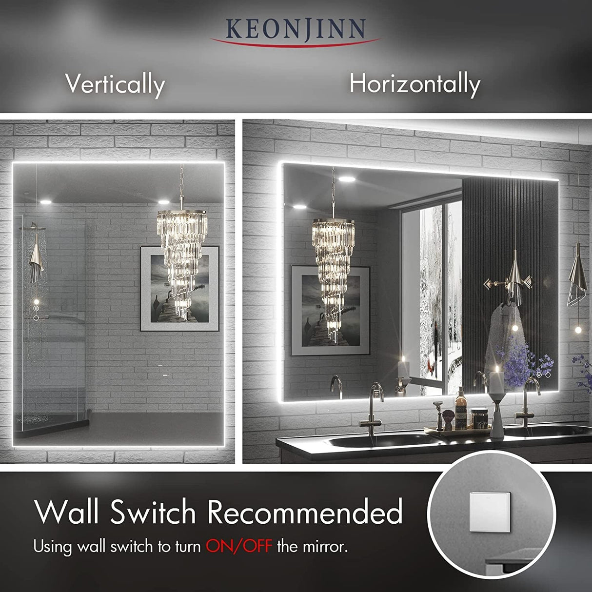 Keonjinn LED Backlit Bathroom Vanity Mirror Anti-Fog Dimmable Lighted CRI90 High Definition(Horizontally/Vertically)