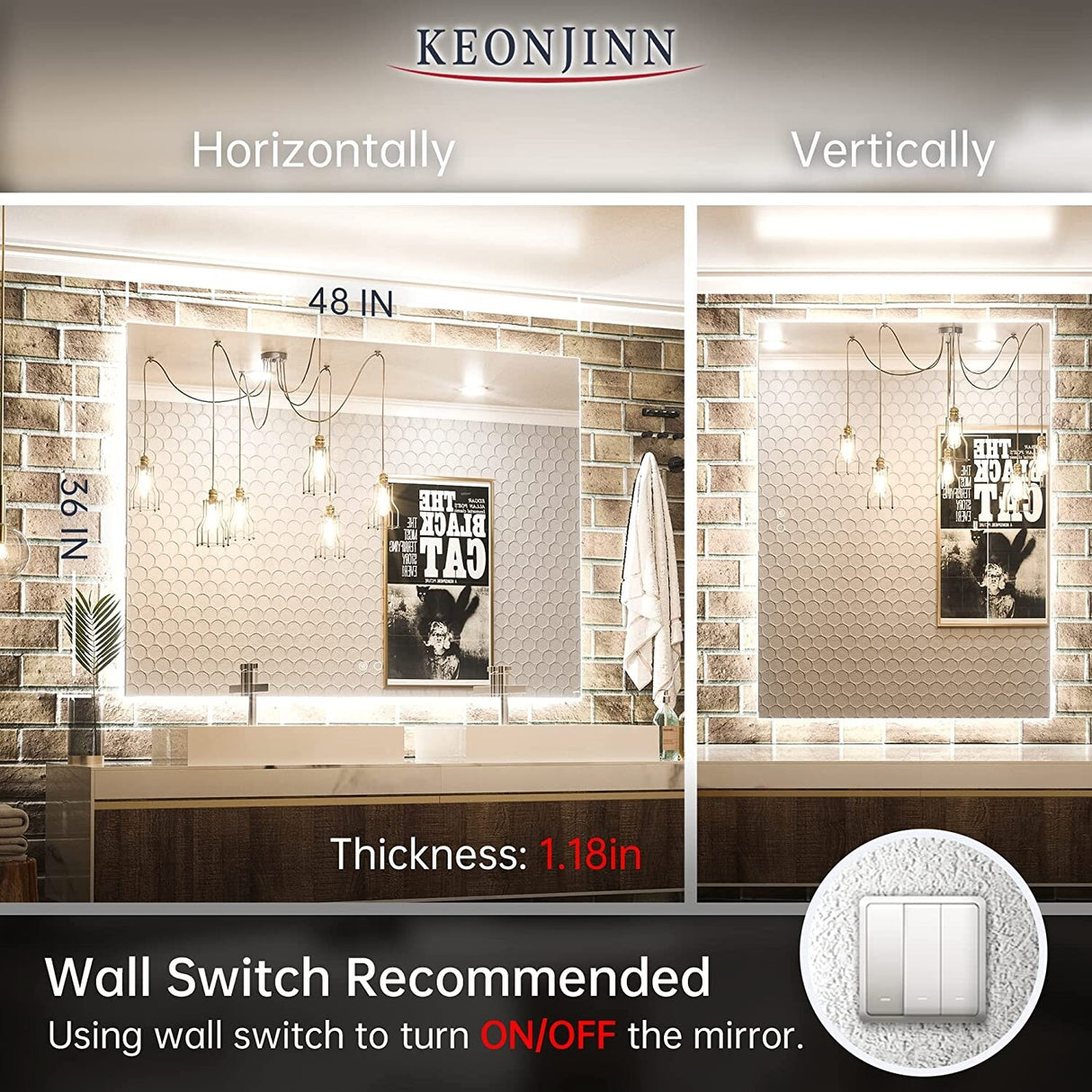 Keonjinn LED Backlit Bathroom Vanity Mirror Anti-Fog Dimmable Lighted CRI90 High Definition(Horizontally/Vertically)