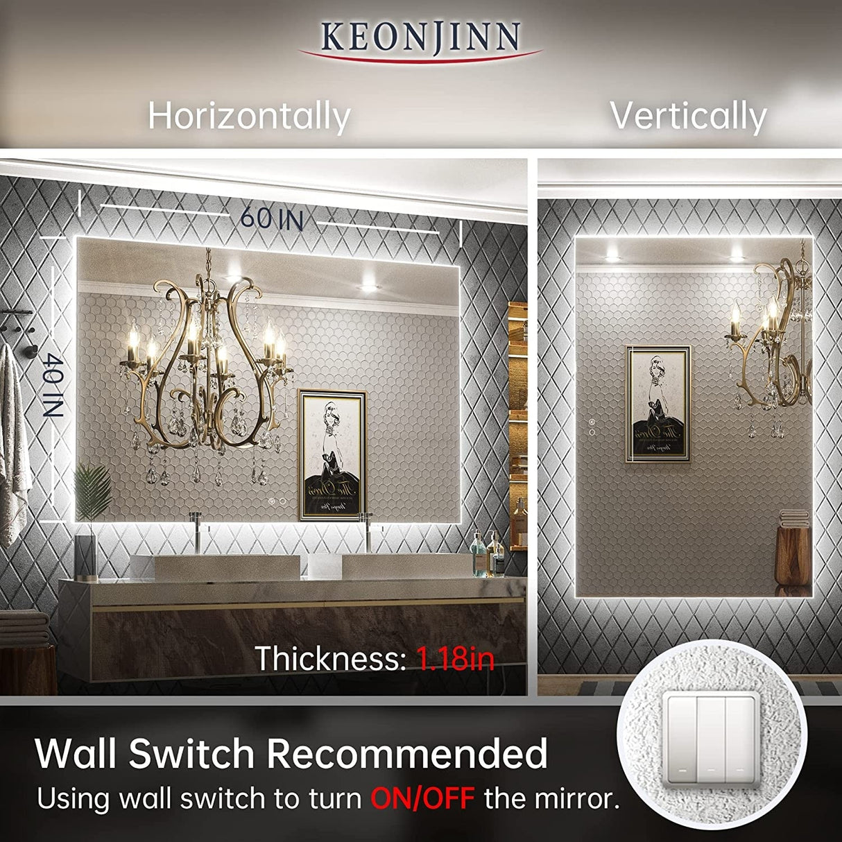 Keonjinn LED Backlit Bathroom Vanity Mirror Anti-Fog Dimmable Lighted CRI90 High Definition(Horizontally/Vertically)