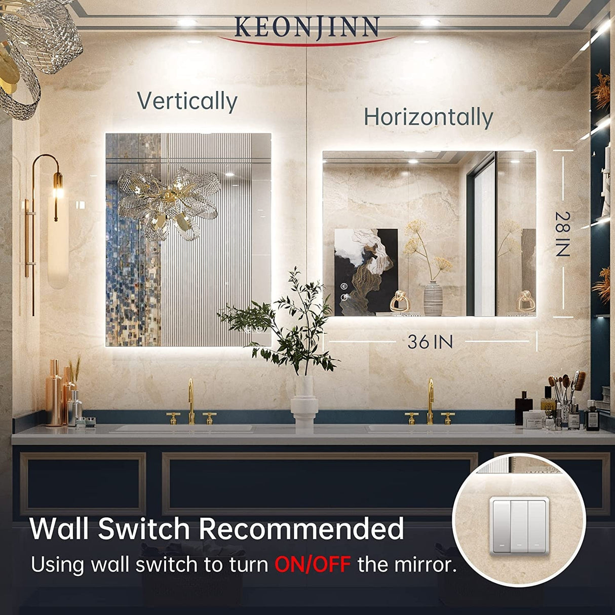 Keonjinn LED Backlit Bathroom Vanity Mirror Anti-Fog Dimmable Lighted CRI90 High Definition(Horizontally/Vertically)