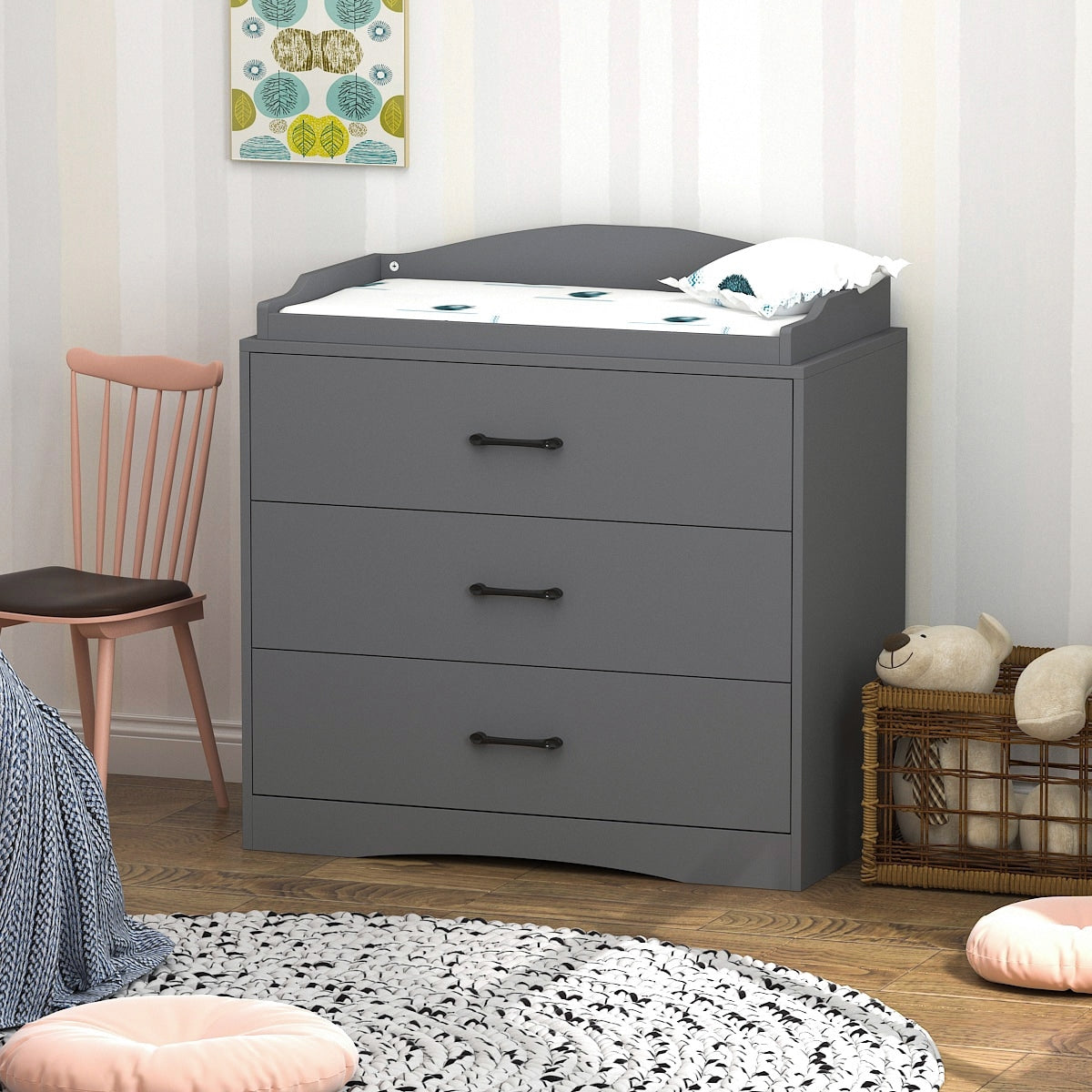 Kerrogee 3-Drawer Dresser with Changing Table - Grey/White/Black