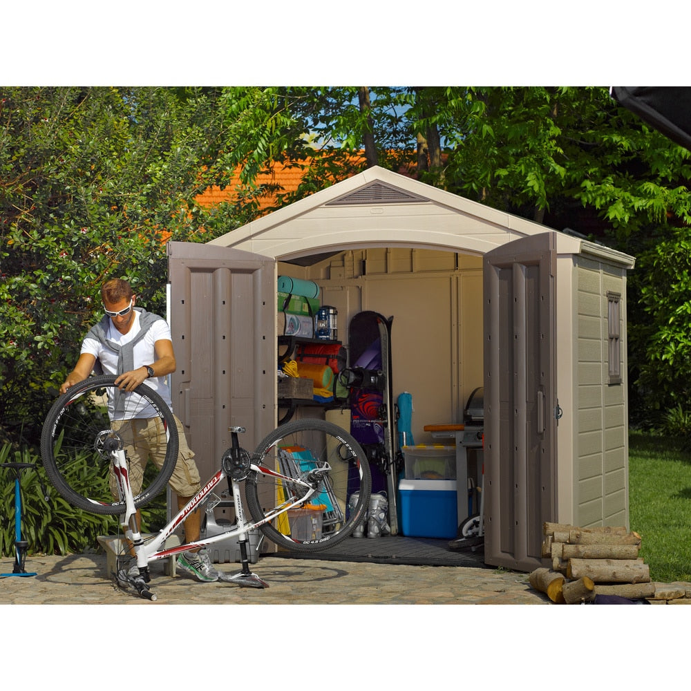 Keter Factor 8x6 ft. Resin Outdoor Storage Shed With Floor for Patio Furniture and Tools, Brown