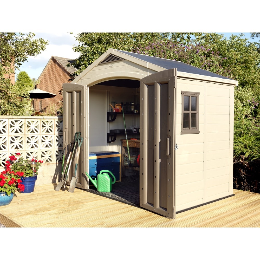 Keter Factor 8x6 ft. Resin Outdoor Storage Shed With Floor for Patio Furniture and Tools, Brown