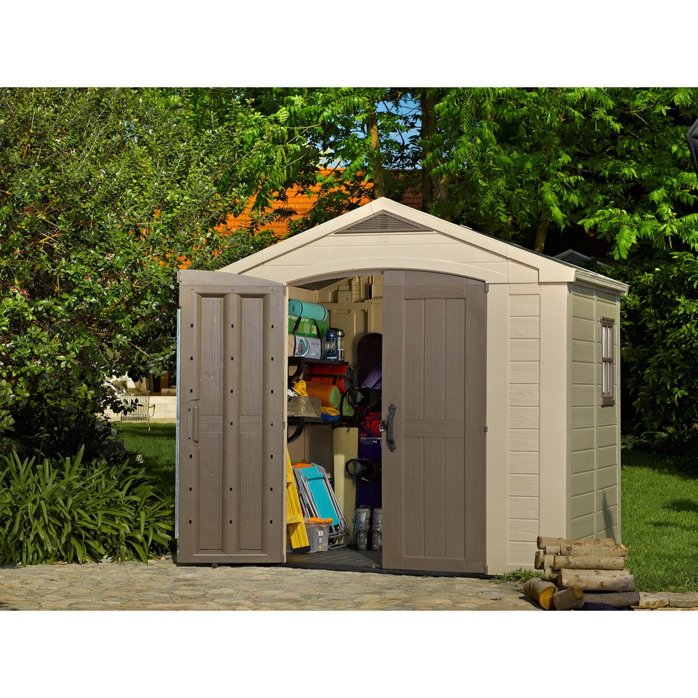 Keter Factor 8x6 ft. Resin Outdoor Storage Shed With Floor for Patio Furniture and Tools, Brown