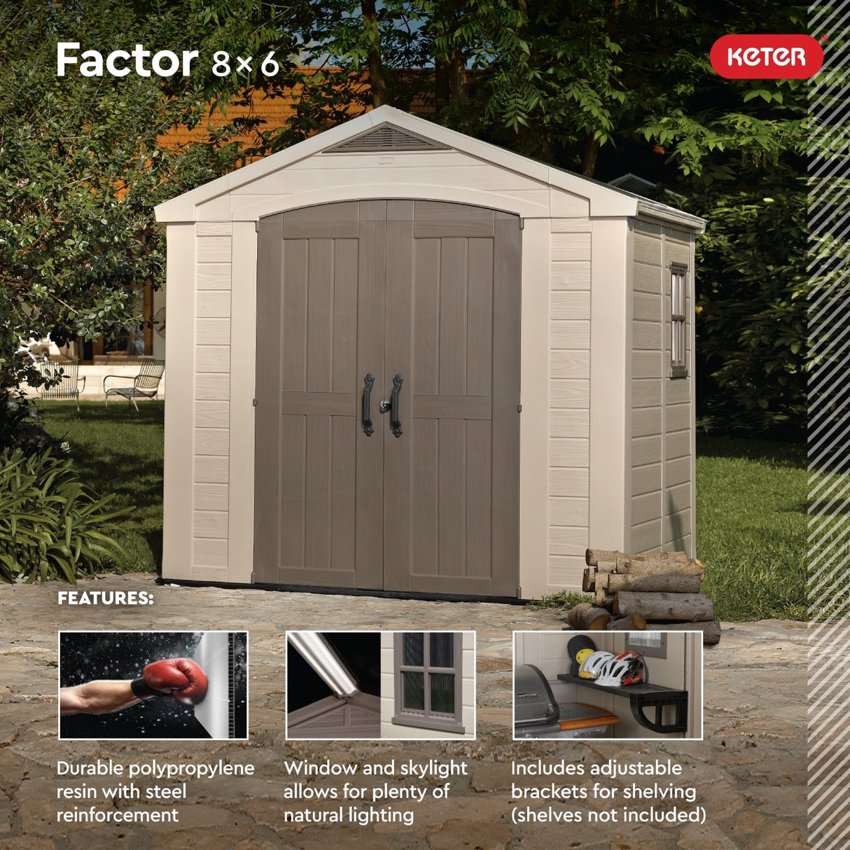 Keter Factor 8x6 ft. Resin Outdoor Storage Shed With Floor for Patio Furniture and Tools, Brown