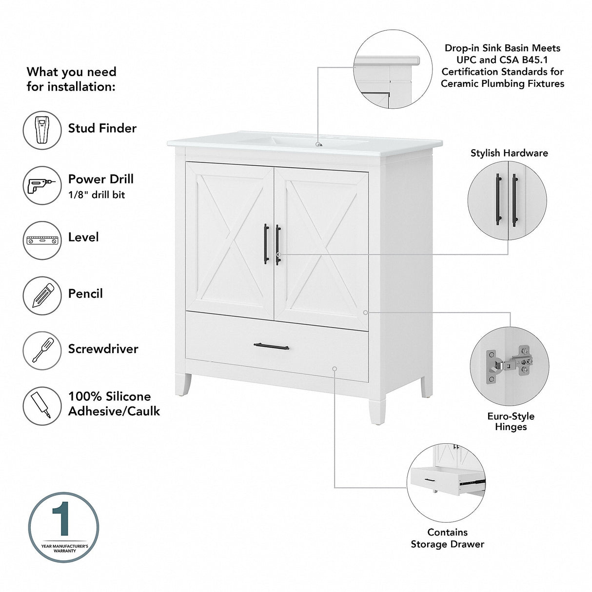 Key West 32W Bathroom Vanity, Mirror and Space Saver by Bush Furniture
