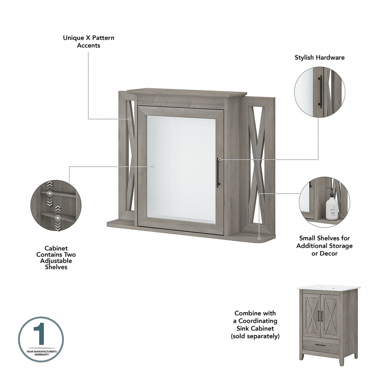Key West 32W Bathroom Vanity, Mirror and Space Saver by Bush Furniture