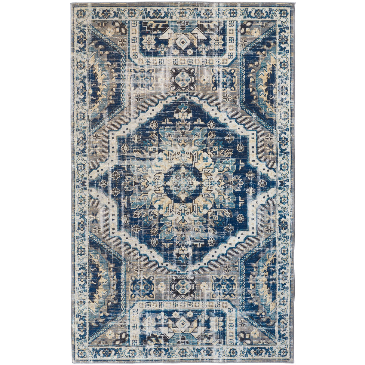 Kezia Vintage Style Tribal Kazak Rug, Classic Blue/Opal Gray