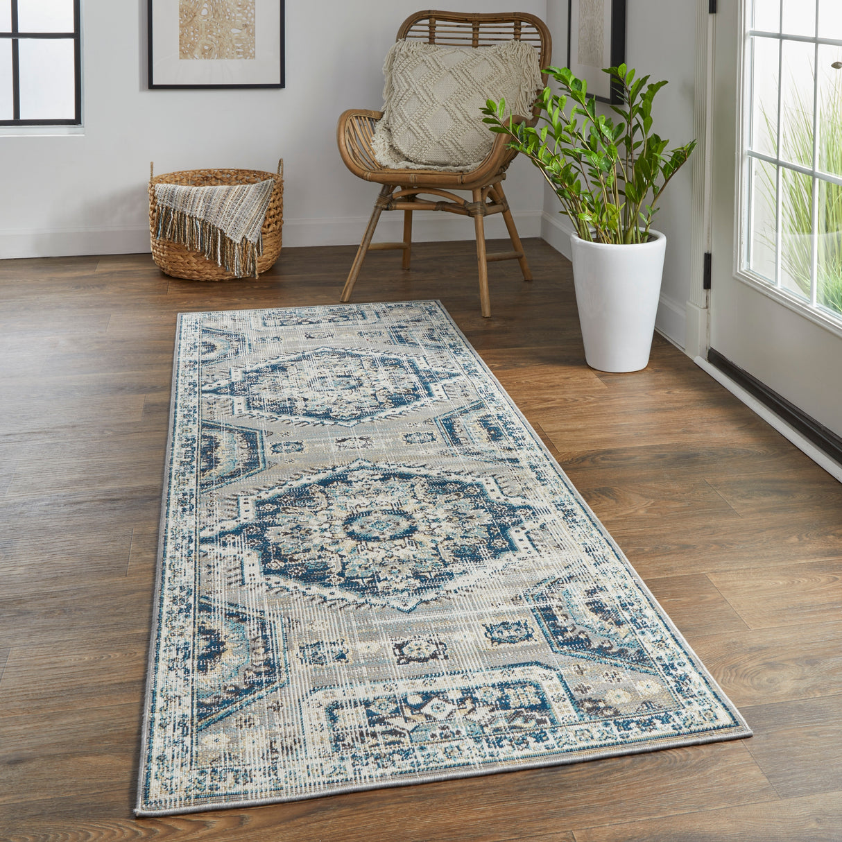 Kezia Vintage Style Tribal Kazak Rug, Classic Blue/Opal Gray