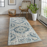 Kezia Vintage Style Tribal Kazak Rug, Classic Blue/Opal Gray