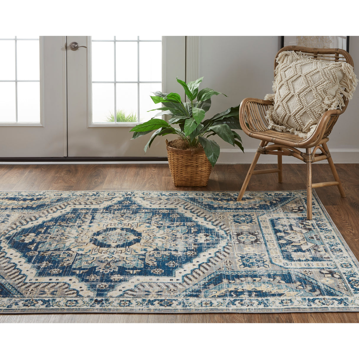 Kezia Vintage Style Tribal Kazak Rug, Classic Blue/Opal Gray