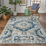 Kezia Vintage Style Tribal Kazak Rug, Classic Blue/Opal Gray