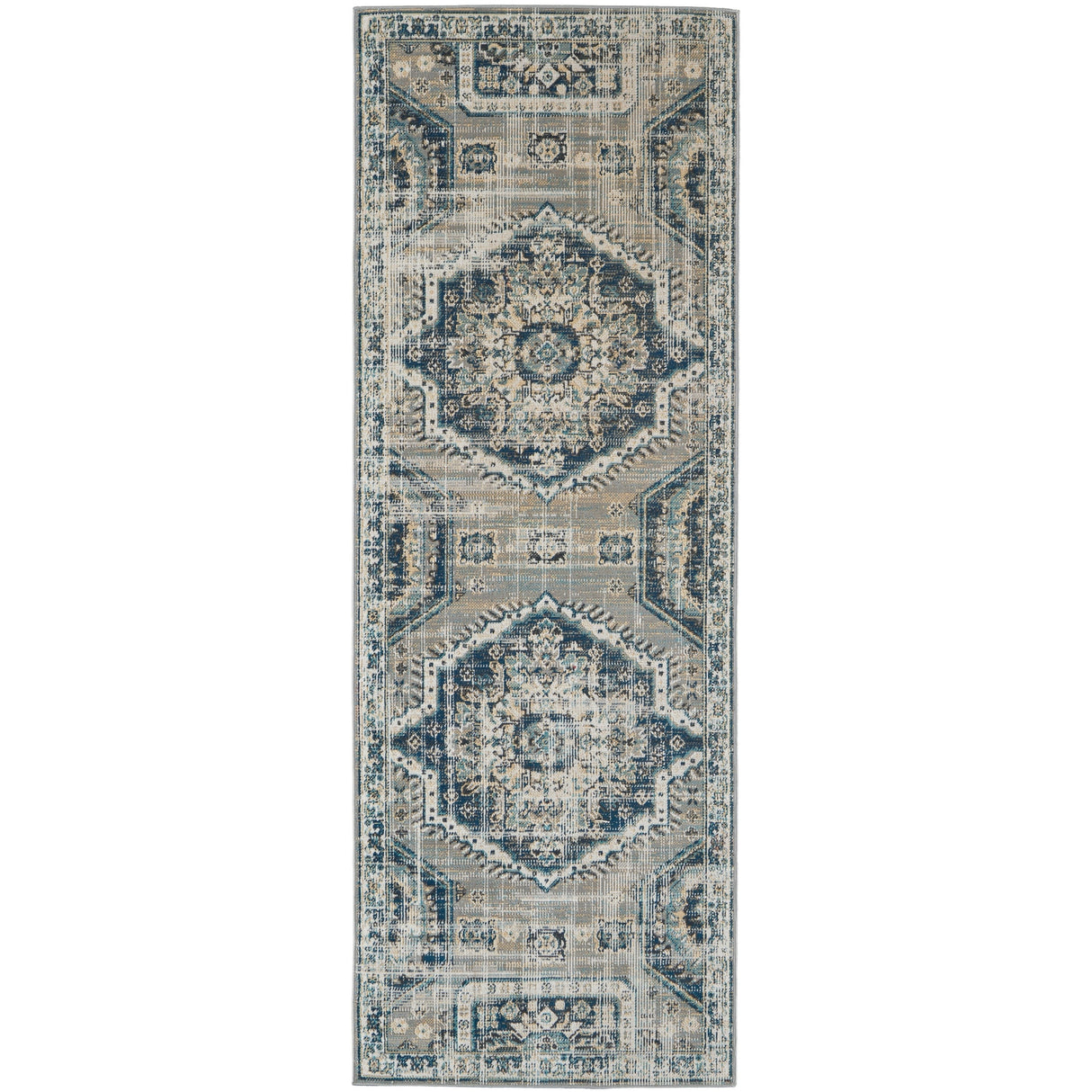 Kezia Vintage Style Tribal Kazak Rug, Classic Blue/Opal Gray