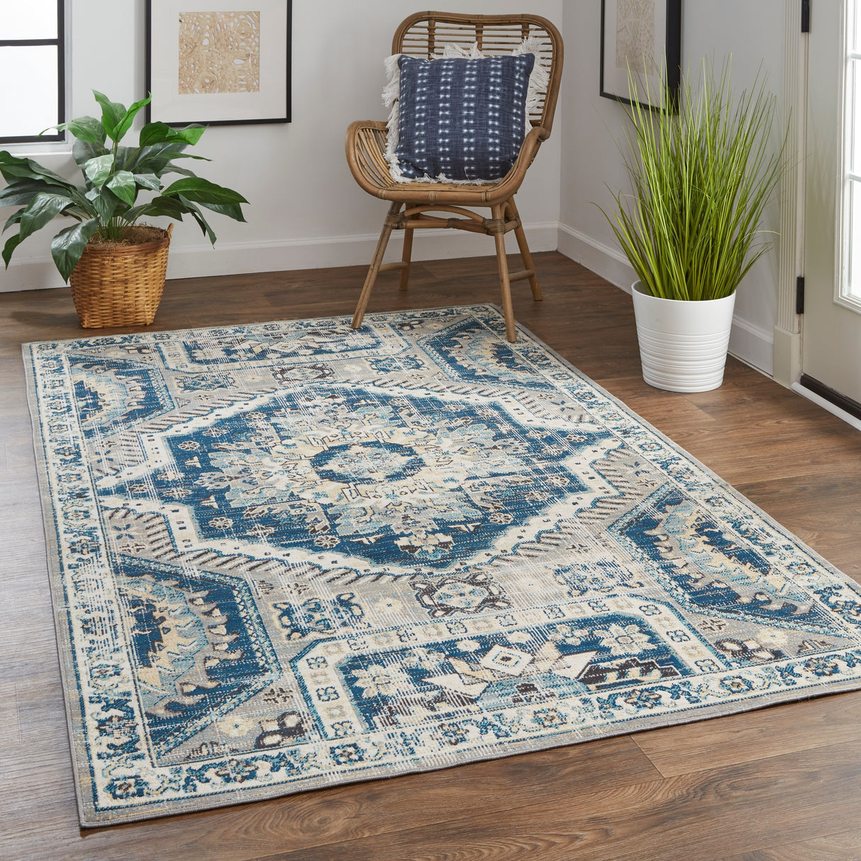 Kezia Vintage Style Tribal Kazak Rug, Classic Blue/Opal Gray