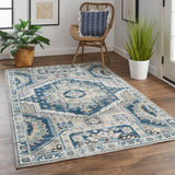 Kezia Vintage Style Tribal Kazak Rug, Classic Blue/Opal Gray