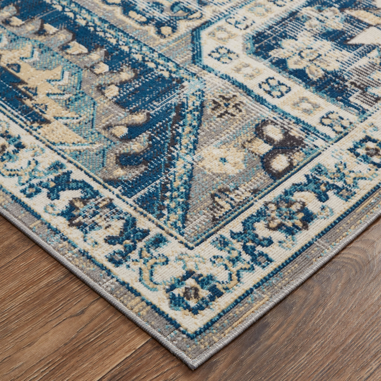 Kezia Vintage Style Tribal Kazak Rug, Classic Blue/Opal Gray