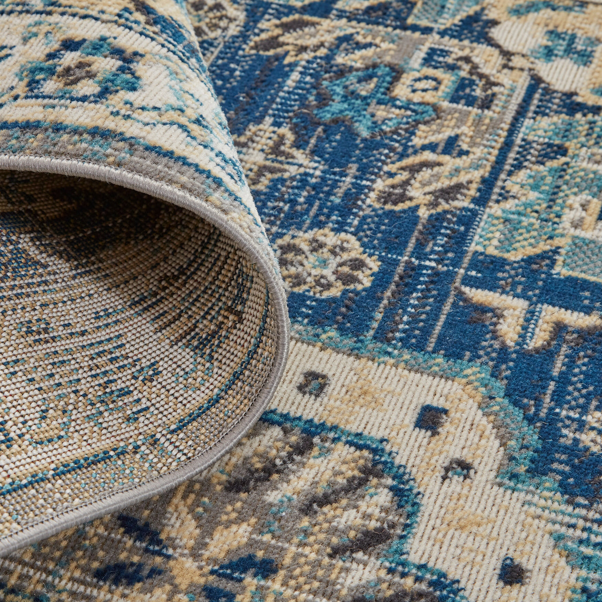 Kezia Vintage Style Tribal Kazak Rug, Classic Blue/Opal Gray