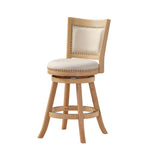 Kia 24 Inch Solid Wood Swivel Counter Stool, Curved Panel Back, Brass Nailheads, Ivory