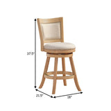 Kia 24 Inch Solid Wood Swivel Counter Stool, Curved Panel Back, Brass Nailheads, Ivory