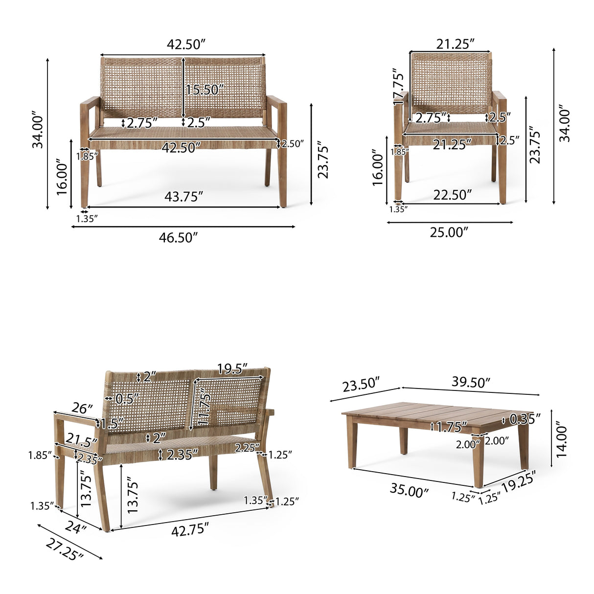 Kiara Wicker and Acacia Wood Outdoor 4 Seater Chat Set by Christopher Knight Home