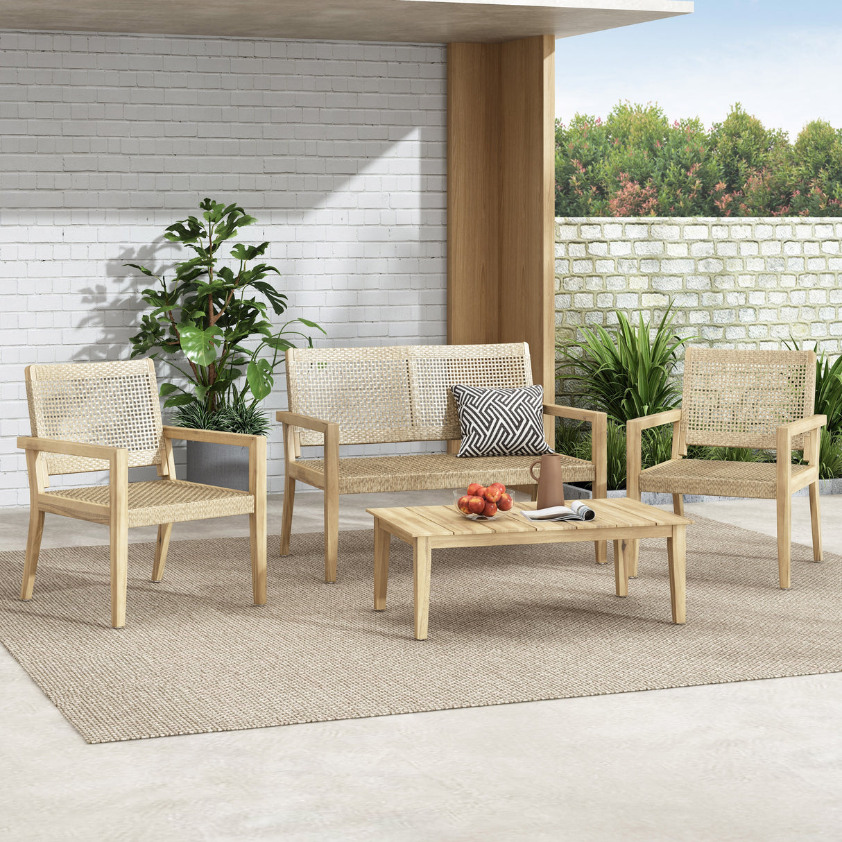 Kiara Wicker and Acacia Wood Outdoor 4 Seater Chat Set by Christopher Knight Home