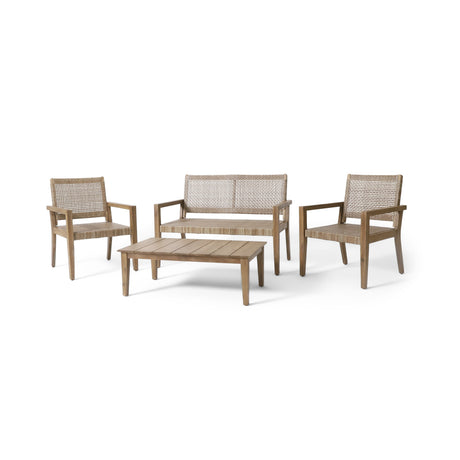 Kiara Wicker and Acacia Wood Outdoor 4 Seater Chat Set by Christopher Knight Home
