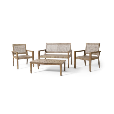 Kiara Wicker and Acacia Wood Outdoor 4 Seater Chat Set by Christopher Knight Home