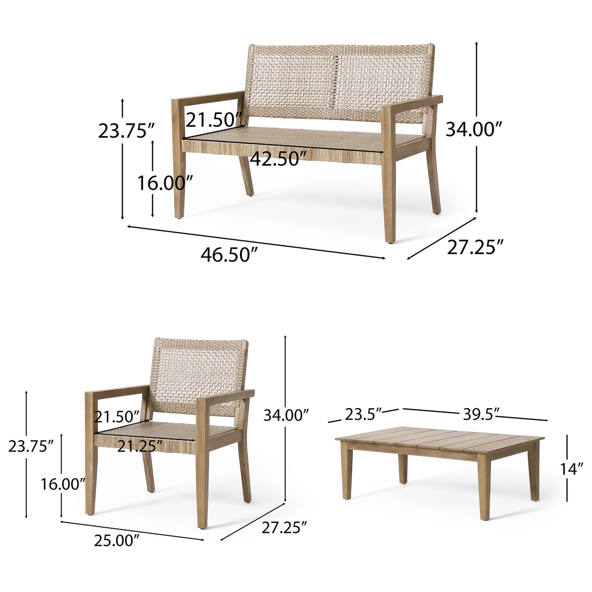 Kiara Wicker and Acacia Wood Outdoor 4 Seater Chat Set by Christopher Knight Home