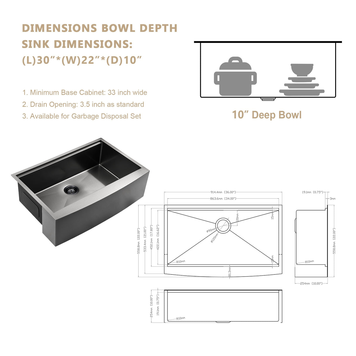 Kichae Workstation Sink 16 Gauge Stainless Steel Farmhouse Kitchen Sink with Black NANO Coating 30/33/36 Inch