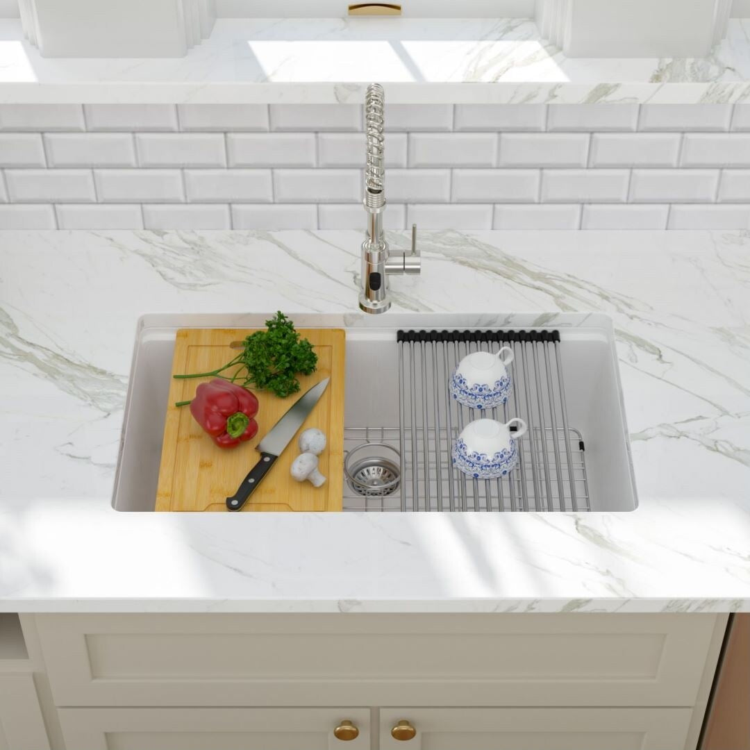 Kichae Workstation Sink Undermount Granite Composite Kitchen Sink in Metallic White with Accessories