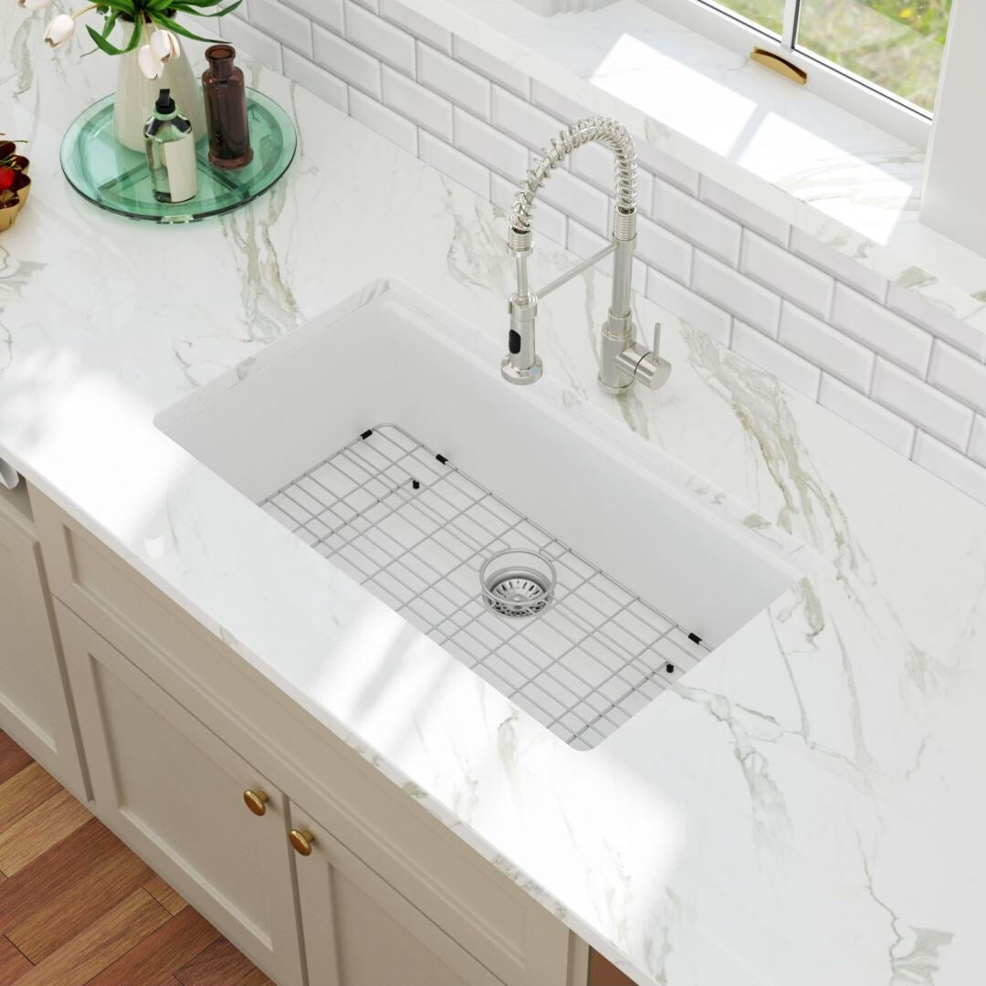 Kichae Workstation Sink Undermount Granite Composite Kitchen Sink in Metallic White with Accessories